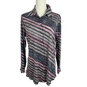 David Cline Top Large Snap Front Slant Stripe Gray Pink Long Sleeve Crinkle